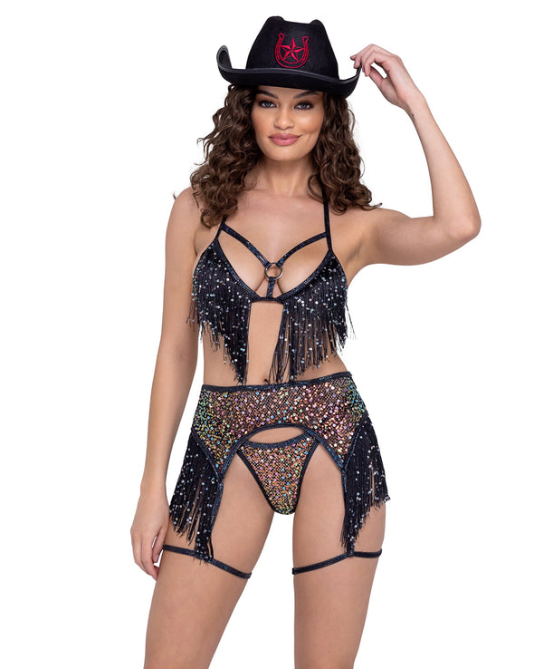 Wild West Sequin Fishnet Triangle Tie Top